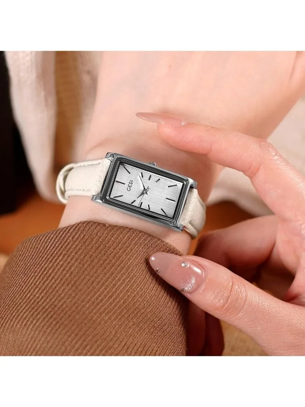 Women's White And Silver Analog Ultra-Thin Rectangle Vintage Square Wrist Watch